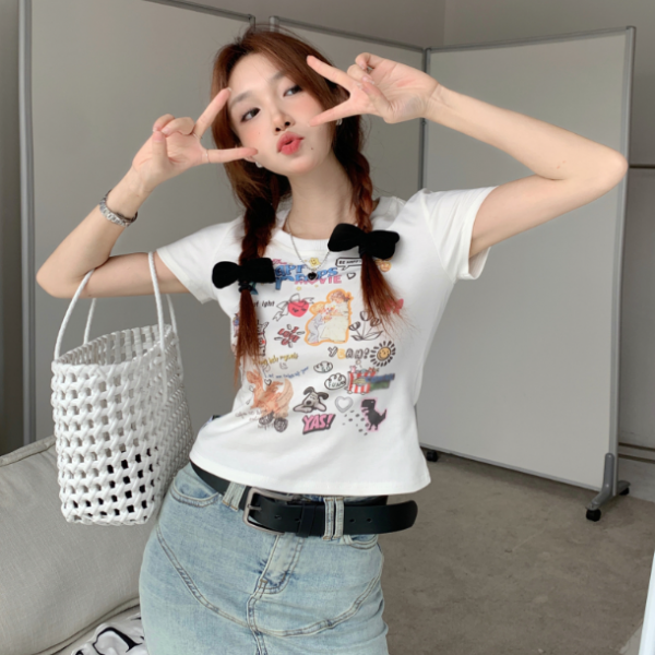 White Cute Cartoon Print Front Shoulder Short Sleeve T Shirt