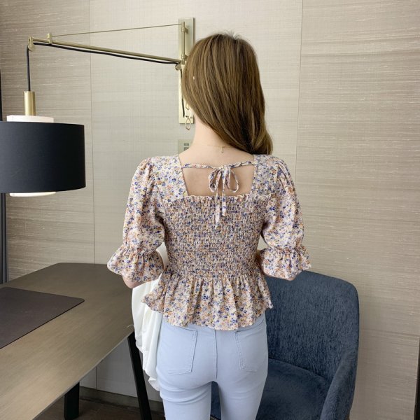 Square Neck Puff Sleeve Pleated Floral Chiffon Shirt Women Sweet French Short Shirt Top