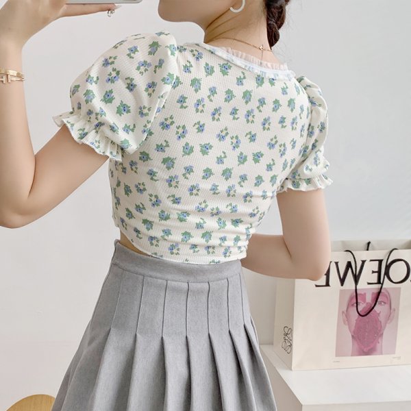 Retro Short Floral Puff Sleeve T-shirt Women