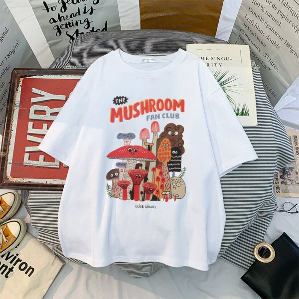 Cute Cartoon Mushroom Print Round Neck Loose T-shirt Short Sleeve