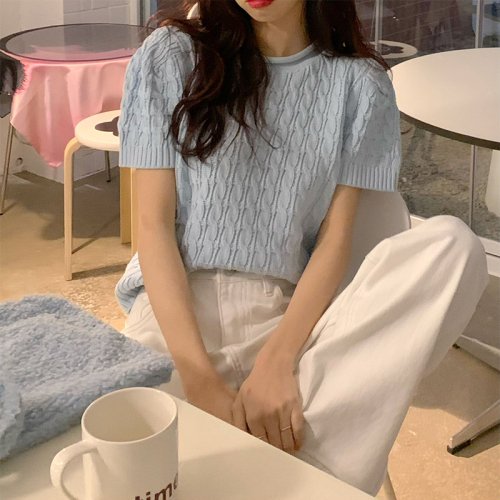 Gentle Wind Round Neckline Hollow Puff Sleeve Knitted Sweater Short Sleeve T-shirt Women's Top