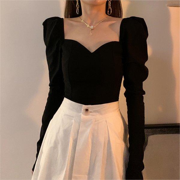 Puff Sleeve Square Neck Short Top Women