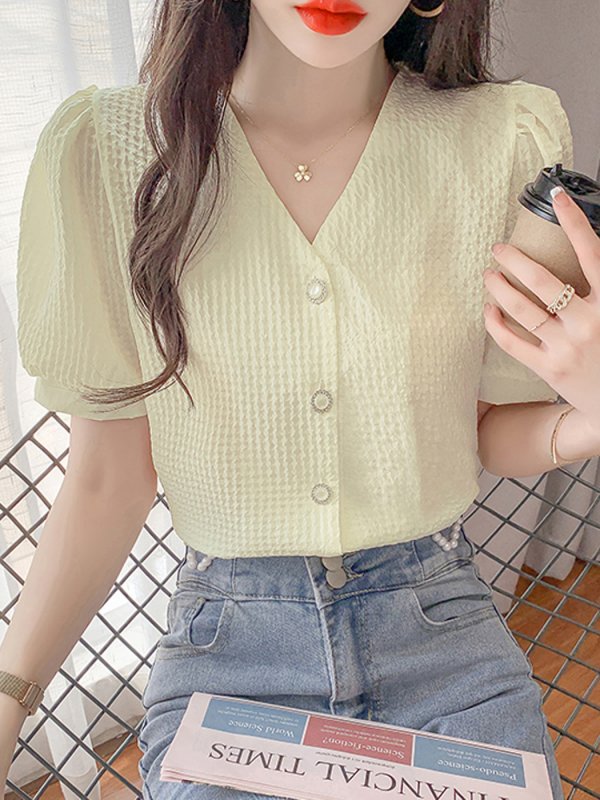 Women's New Temperament V Neck Puff Sleeve Top Short Sleeve Shirt